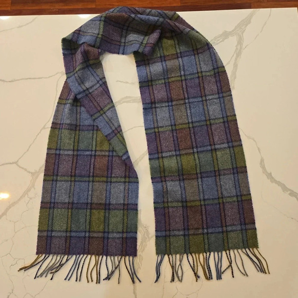 VTG Foxford Irish Lambs Wool Plaid Tartan Scarf Purple Blue Green Unisex - Picture 4 of 6